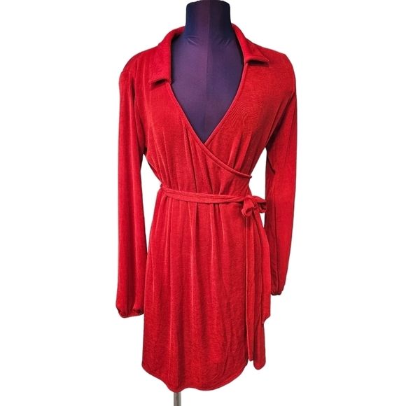 Wild Fable Red Faux Wrap Long Balloon Sleeve Dress Size Medium Women's - Picture 2 of 10
